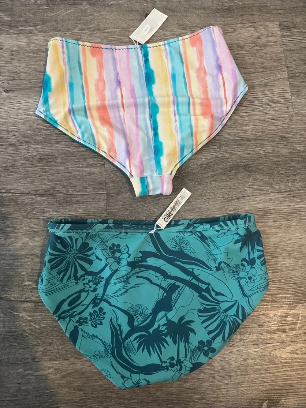 Athleta Girl Floral & Stripe Teal Reversible Swim Bottoms Set of 2 Size XL / 14